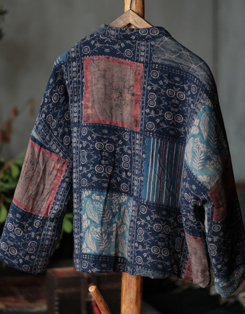 Autumn Women’s Retro Handmade Blue Patchwork Cardigan Jacket