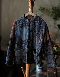 Autumn Women’s Retro Handmade Blue Patchwork Cardigan Jacket