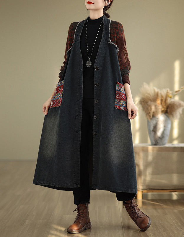 Autumn Women’s Retro Oversized Knit Sleeve Maxi Denim Jacket