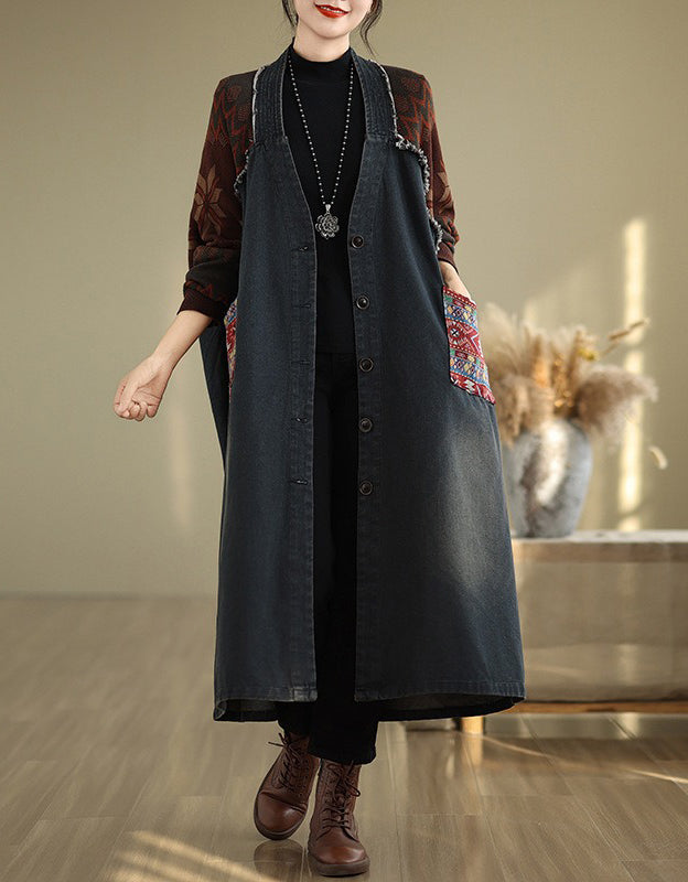 Autumn Women’s Retro Oversized Knit Sleeve Maxi Denim Jacket