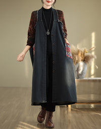 Autumn Women’s Retro Oversized Knit Sleeve Maxi Denim Jacket