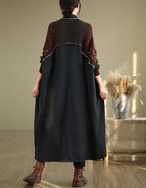 Autumn Women’s Retro Oversized Knit Sleeve Maxi Denim Jacket