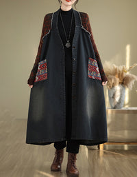 Autumn Women’s Retro Oversized Knit Sleeve Maxi Denim Jacket