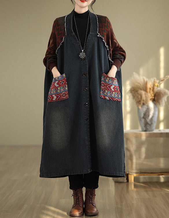 Autumn Women’s Retro Oversized Knit Sleeve Maxi Denim Jacket