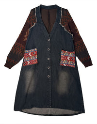 Autumn Women’s Retro Oversized Knit Sleeve Maxi Denim Jacket