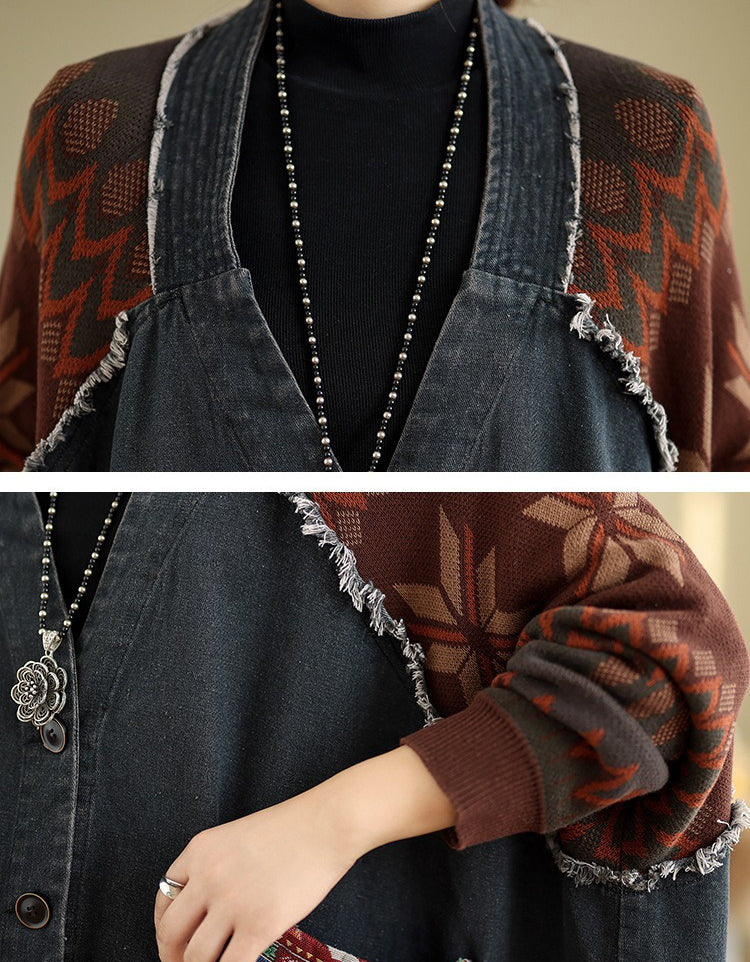 Autumn Women’s Retro Oversized Knit Sleeve Maxi Denim Jacket