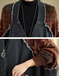 Autumn Women’s Retro Oversized Knit Sleeve Maxi Denim Jacket