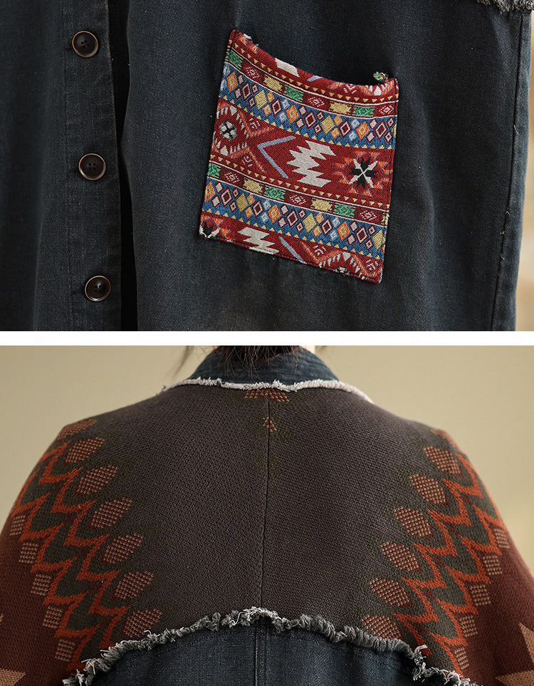 Autumn Women’s Retro Oversized Knit Sleeve Maxi Denim Jacket