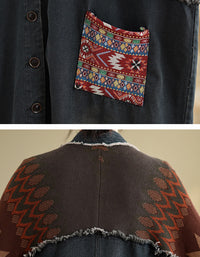 Autumn Women’s Retro Oversized Knit Sleeve Maxi Denim Jacket