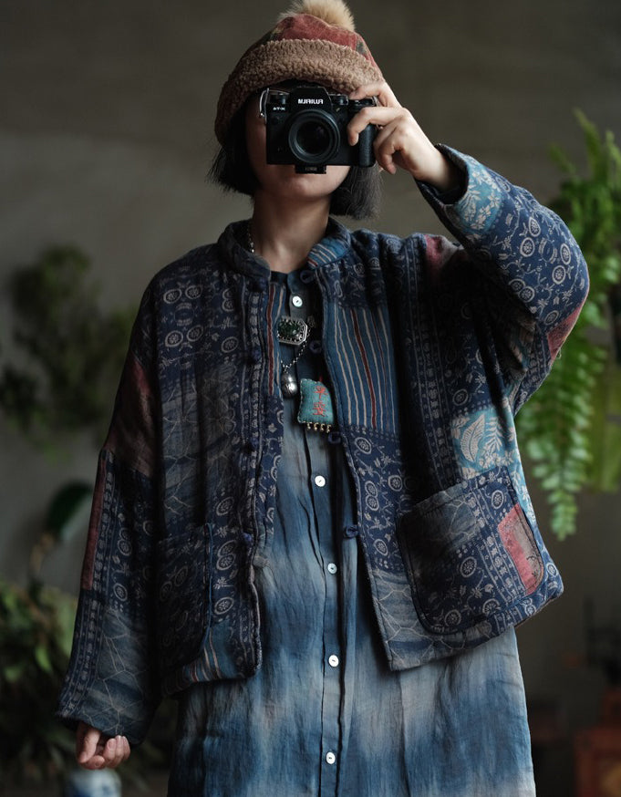 Autumn Women’s Retro Handmade Blue Patchwork Cardigan Jacket