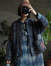 Autumn Women’s Retro Handmade Blue Patchwork Cardigan Jacket