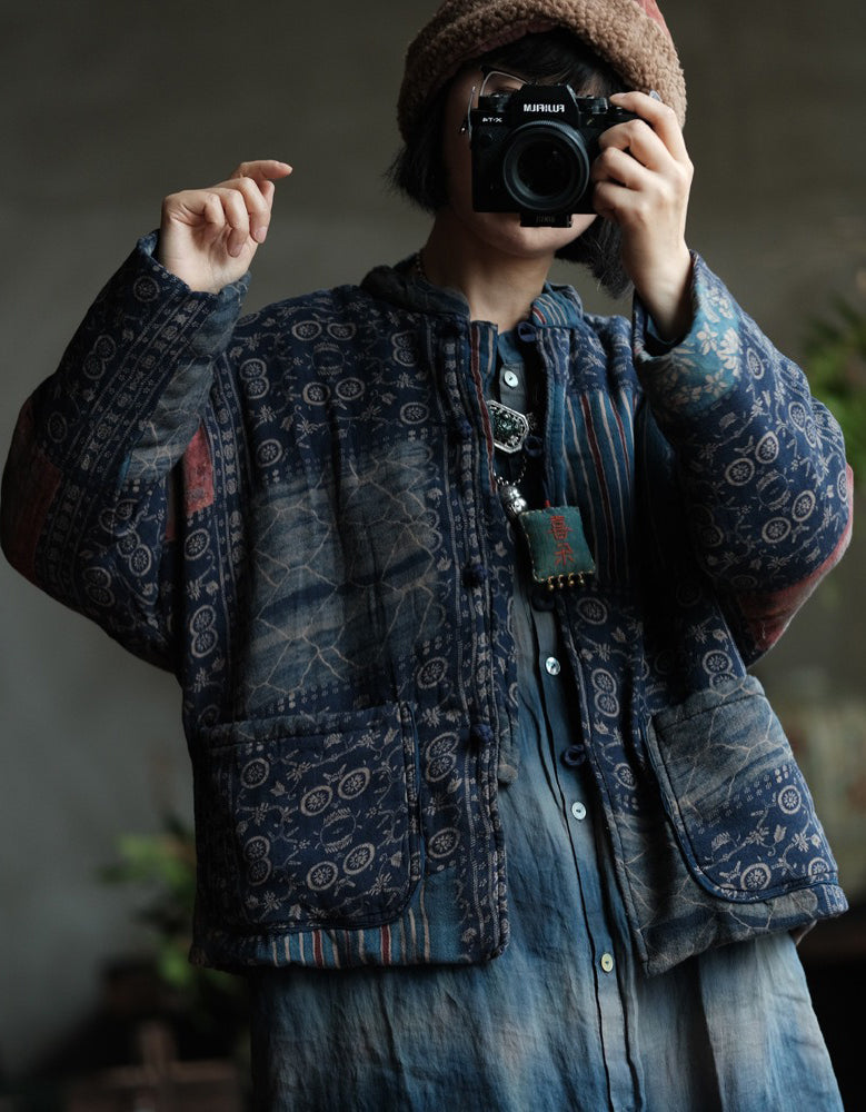 Autumn Women’s Retro Handmade Blue Patchwork Cardigan Jacket