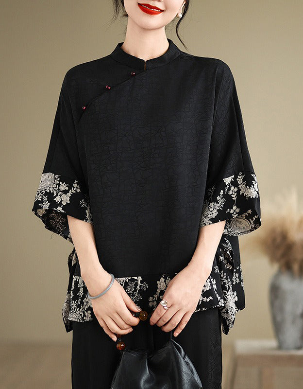 Black Retro Floral Print Kimono Shirt