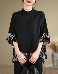 Black Retro Floral Print Kimono Shirt