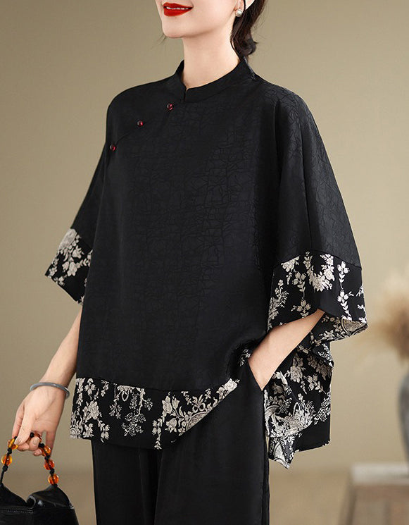 Black Retro Floral Print Kimono Shirt