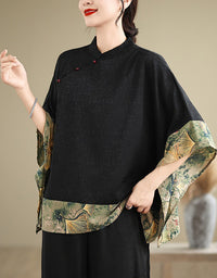 Black Retro Floral Print Kimono Shirt
