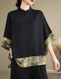 Black Retro Floral Print Kimono Shirt