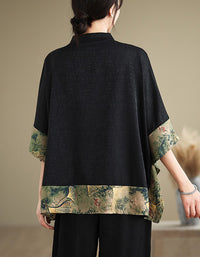 Black Retro Floral Print Kimono Shirt
