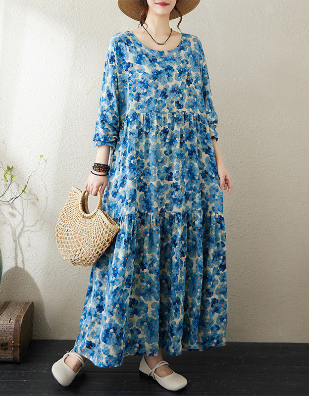Blue Floral Long Sleeve Cotton Linen Summer Dress