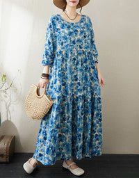 Blue Floral Long Sleeve Cotton Linen Summer Dress