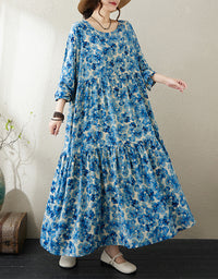 Blue Floral Long Sleeve Cotton Linen Summer Dress