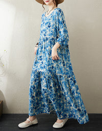Blue Floral Long Sleeve Cotton Linen Summer Dress