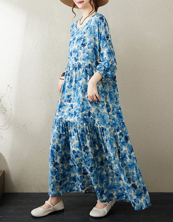 Blue Floral Cotton Linen Oversized Summer Dress