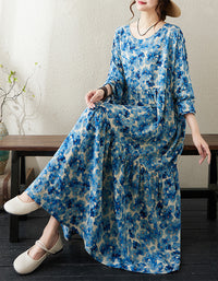 Blue Floral Long Sleeve Cotton Linen Summer Dress