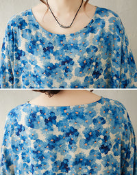 Blue Floral Long Sleeve Cotton Linen Summer Dress