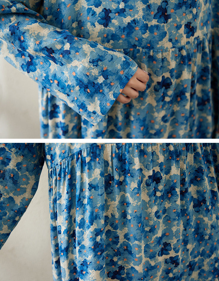 Blue Floral Long Sleeve Cotton Linen Summer Dress