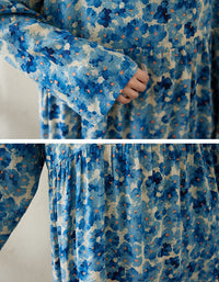 Blue Floral Long Sleeve Cotton Linen Summer Dress