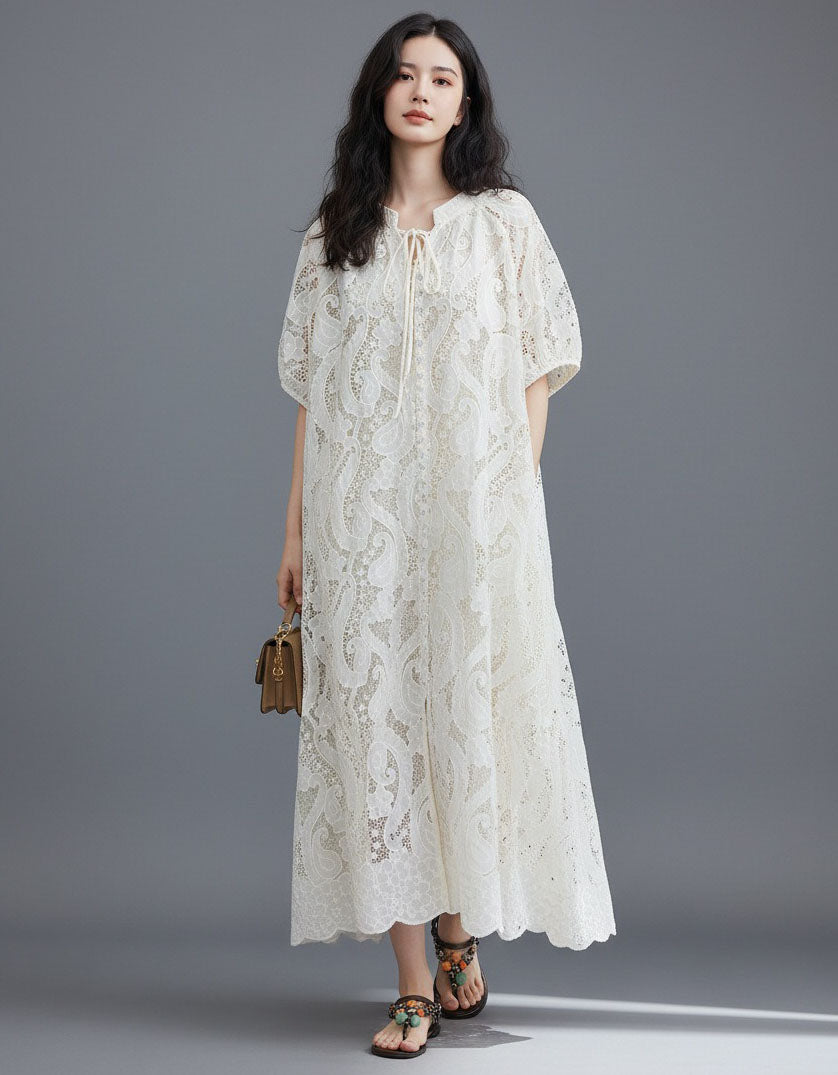 Women’s White Lace Dress – Boho Loose Fit Summer Maxi Dress