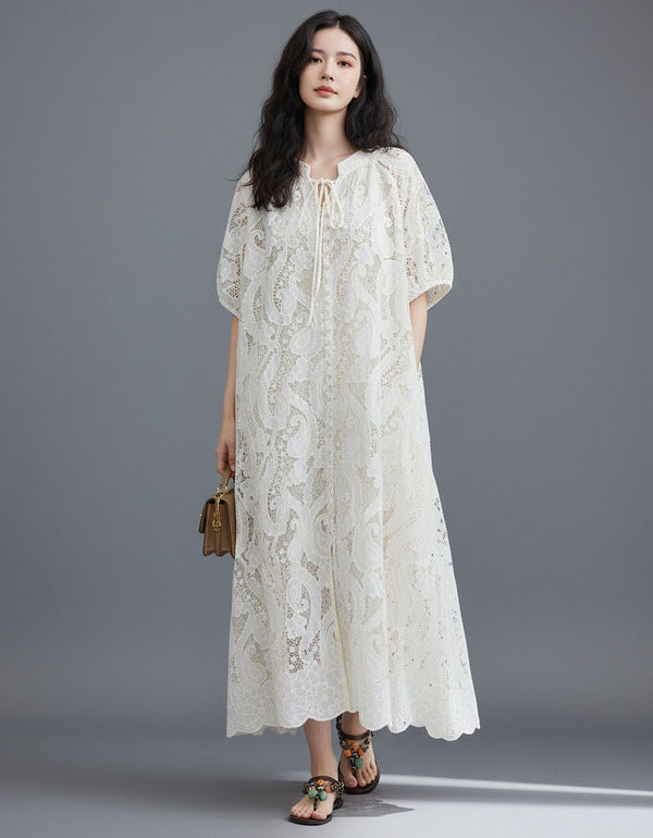 Women’s White Lace Dress – Boho Loose Fit Summer Maxi Dress