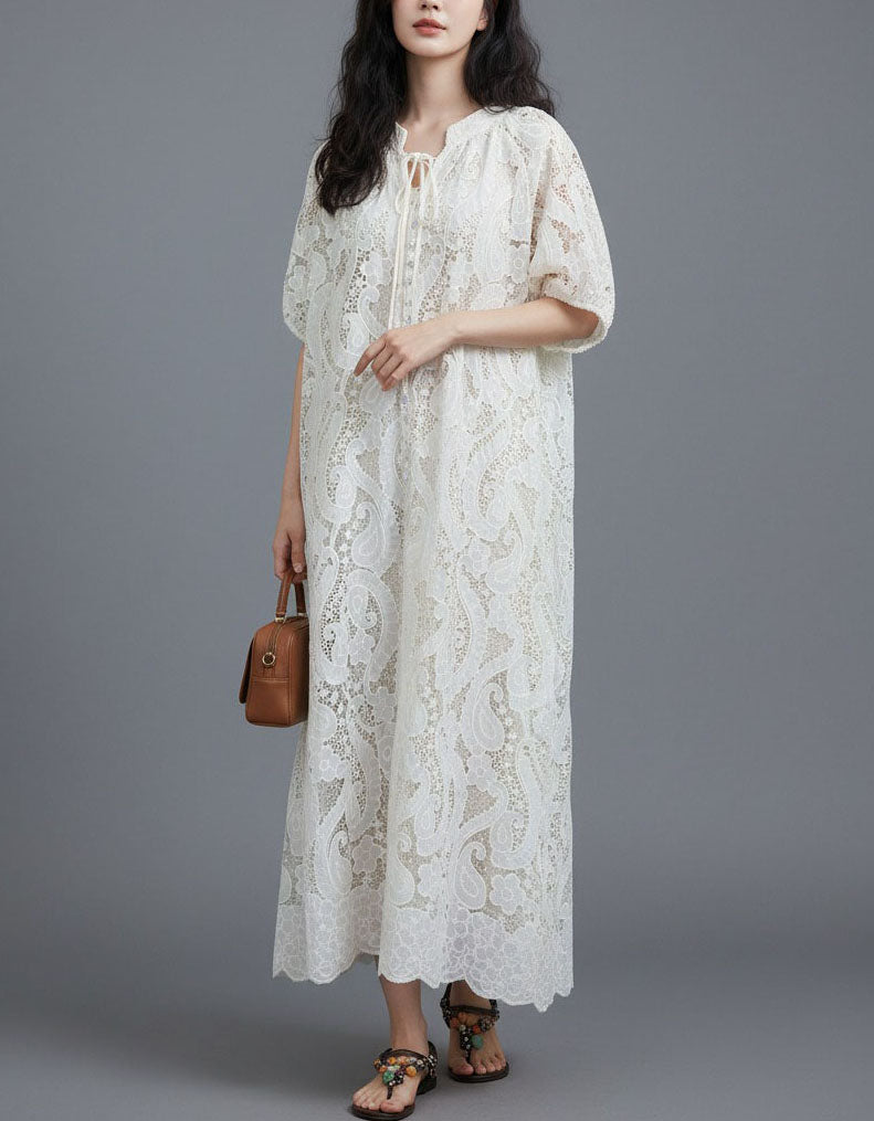 Elegant White Lace Long Dress for Women – Casual Loose Bohemian Style