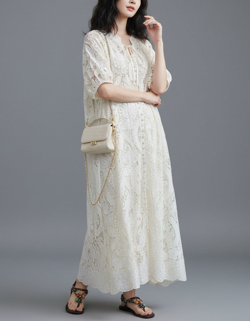 White Crochet Lace Dress for Women – Loose Fit Flowy Summer Dress