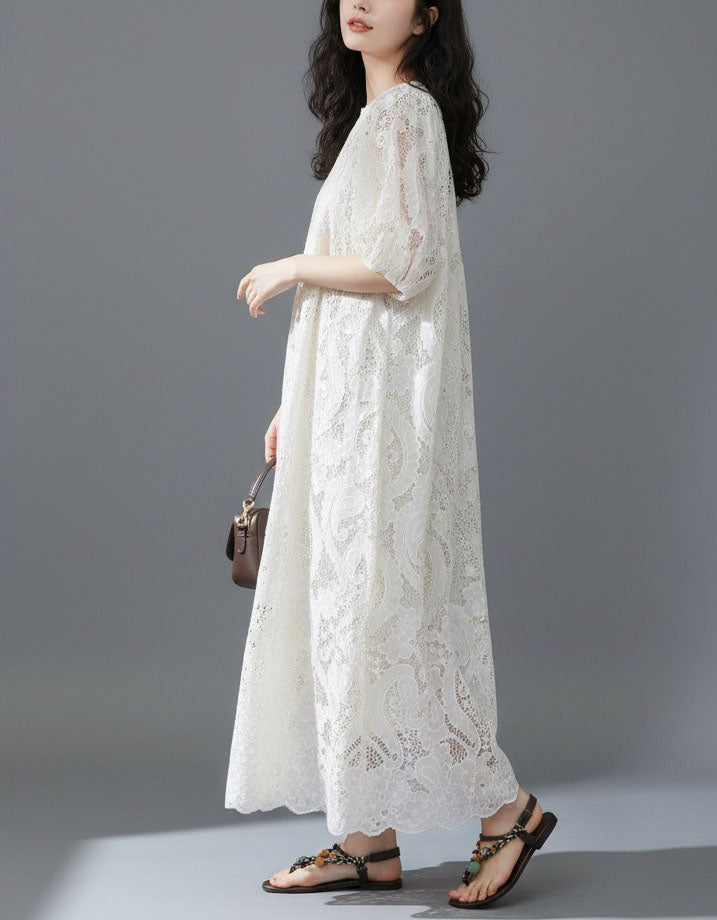 Boho Chic White Lace Dress – Oversized Casual Maxi Dress for Women