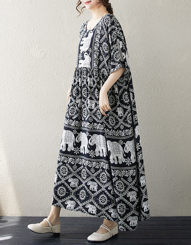 Bohemian Elephant Print Cotton Linen Maxi Dress