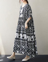 Bohemian Elephant Print Cotton Linen Maxi Dress