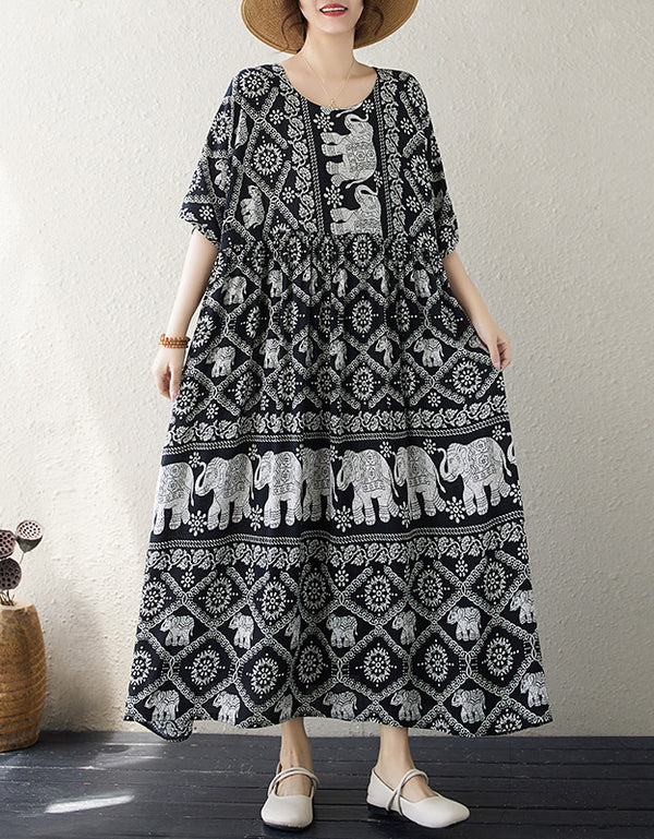 Bohemian Elephant Print Cotton Linen Maxi Dress