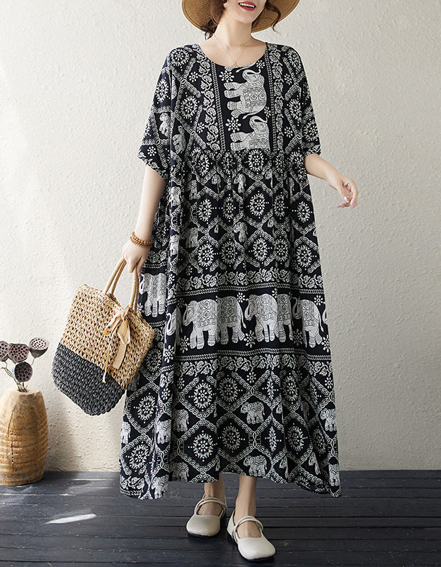 Bohemian Elephant Print Cotton Linen Maxi Dress