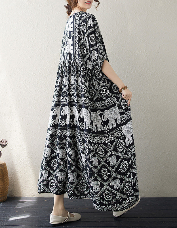 Bohemian Elephant Print Cotton Linen Maxi Dress