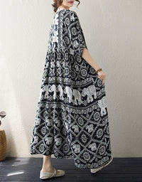 Bohemian Elephant Print Cotton Linen Maxi Dress