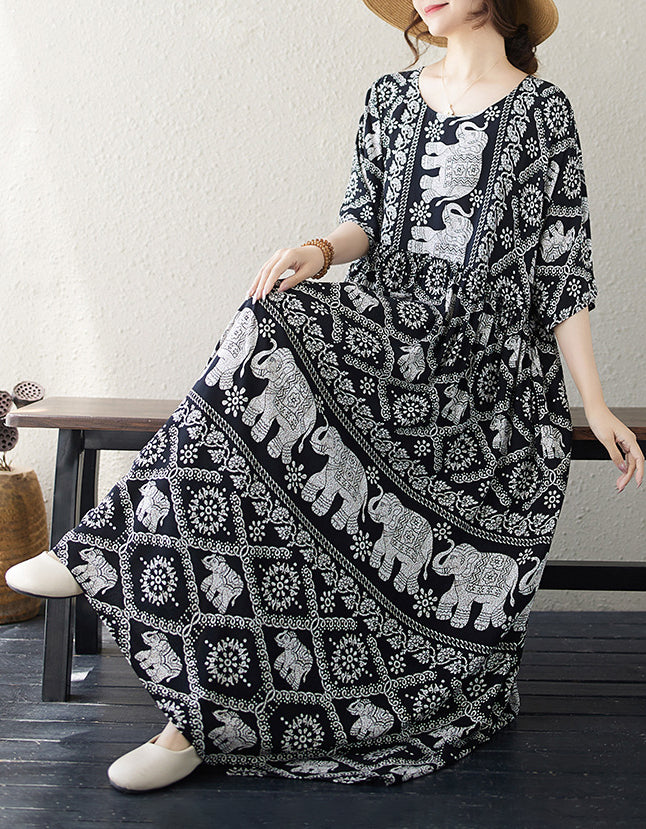 Bohemian Elephant Print Cotton Linen Maxi Dress