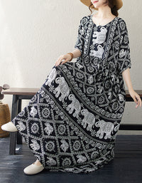 Bohemian Elephant Print Cotton Linen Maxi Dress