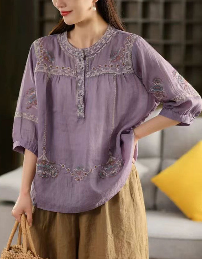 Purple bohemian embroidered cotton blouse with relaxed fit and vintage vibe