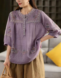 Purple bohemian embroidered cotton blouse with relaxed fit and vintage vibe