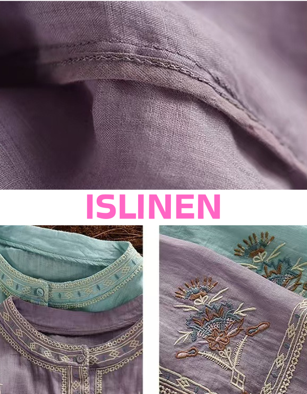 Close-up of floral embroidery on women’s bohemian cotton blouse