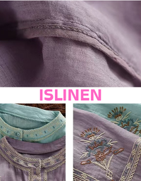 Close-up of floral embroidery on women’s bohemian cotton blouse