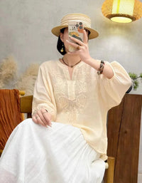 Bohemian Floral Embroidery Ramie Linen Blouse
