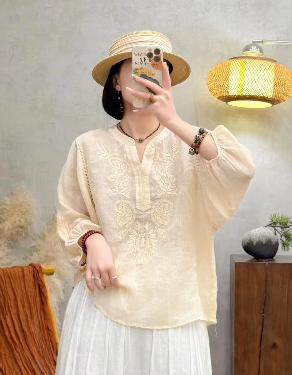 Bohemian Floral Embroidery Ramie Linen Blouse